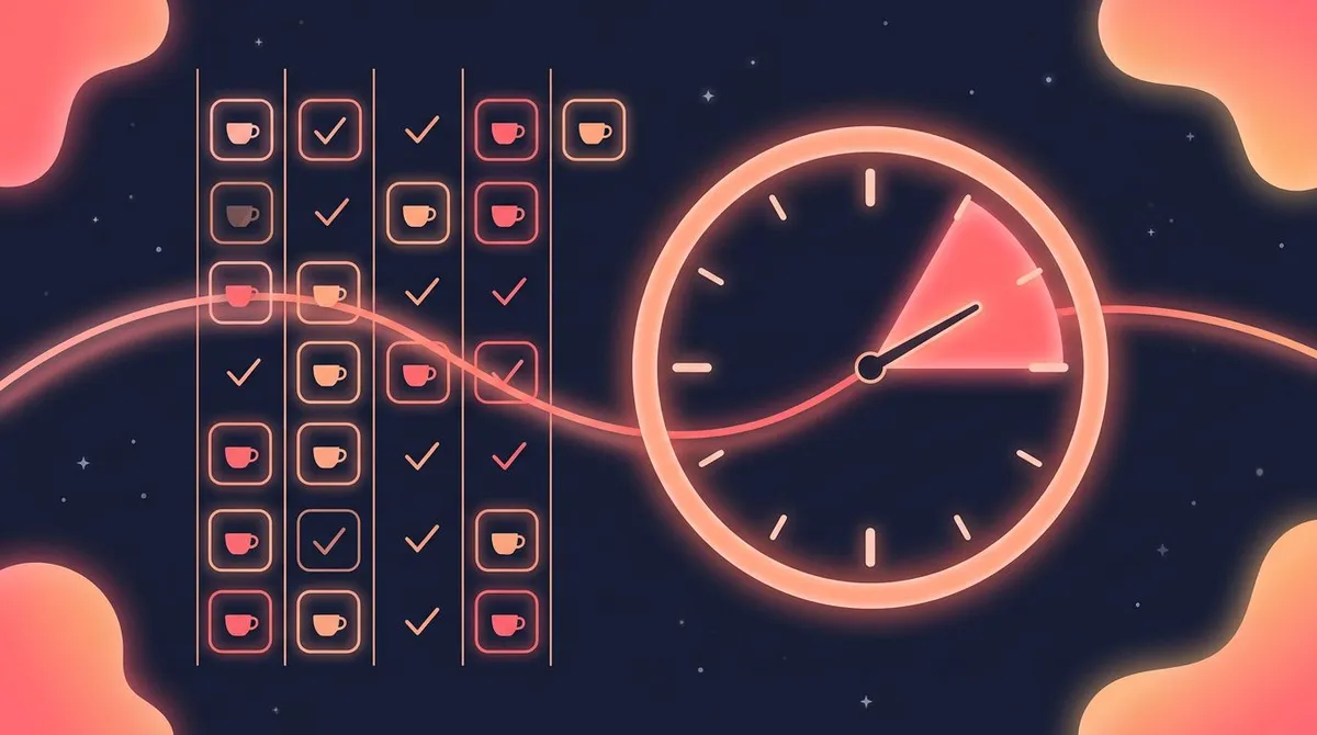 Weekly grid of coffee-cup check marks beside a clock set to an afternoon cut-off time