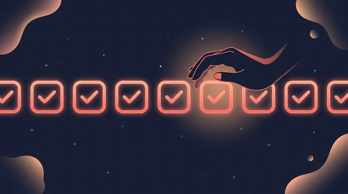 Long unbroken streak of glowing coral calendar cards with a hand hovering protectively over the last one, showing streak-breaking anxiety