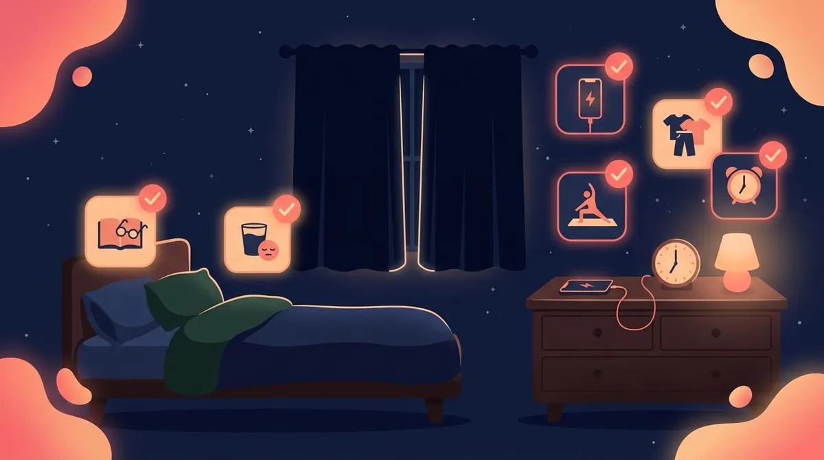 Calm nighttime bedroom showing a night-before checklist with phone charging across the room