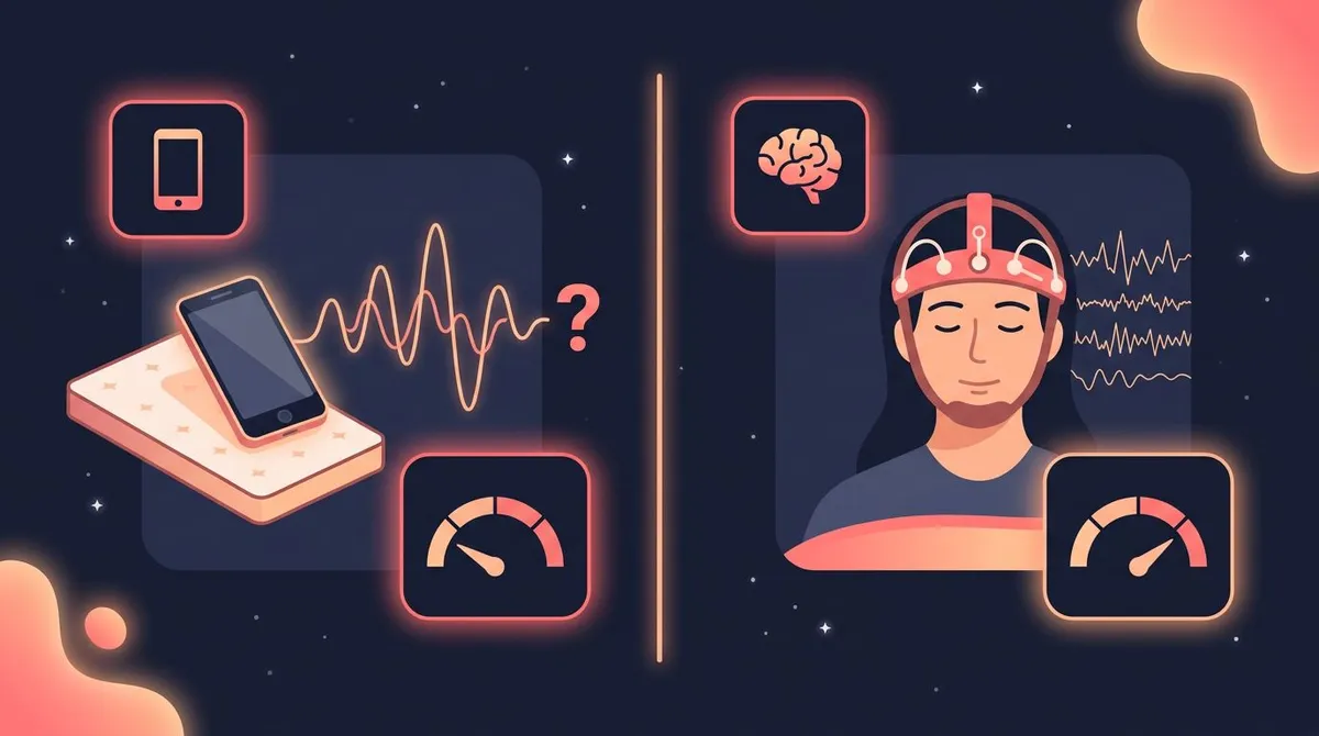 Infographic comparing phone-based sleep tracking accuracy against a clinical sleep lab polysomnography setup