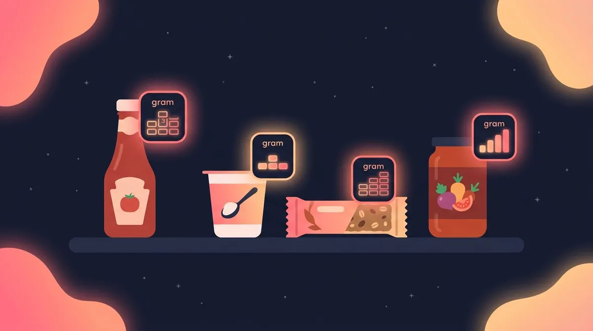 Grocery shelf with ketchup, yoghurt, a granola bar and pasta sauce, each showing a hidden added sugar badge