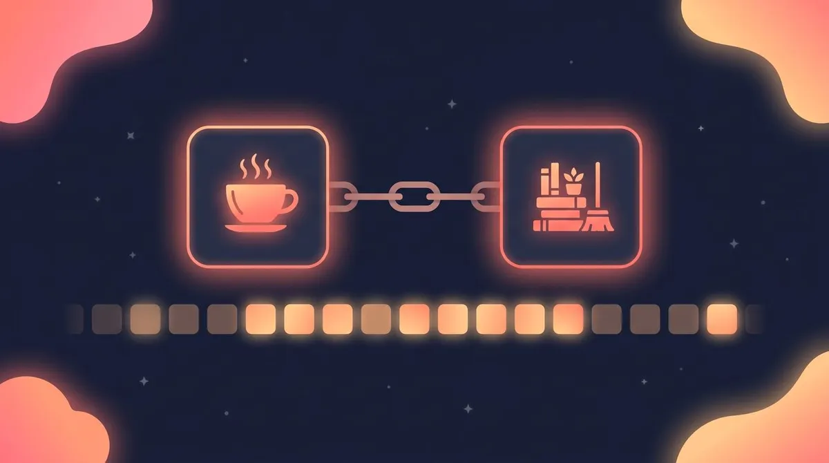 Flat editorial illustration of habit stacking with an anchor coffee card linked to an organizing habit and a streak heatmap