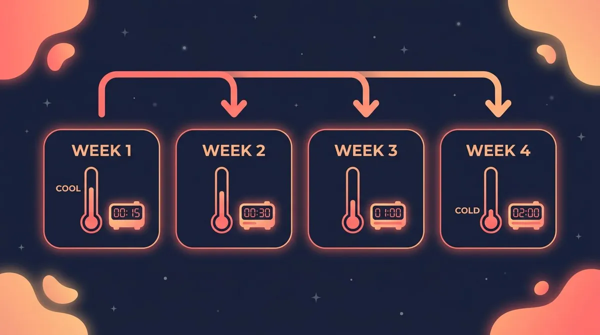Four-week cold-shower ramp infographic showing temperature dropping and duration rising each week