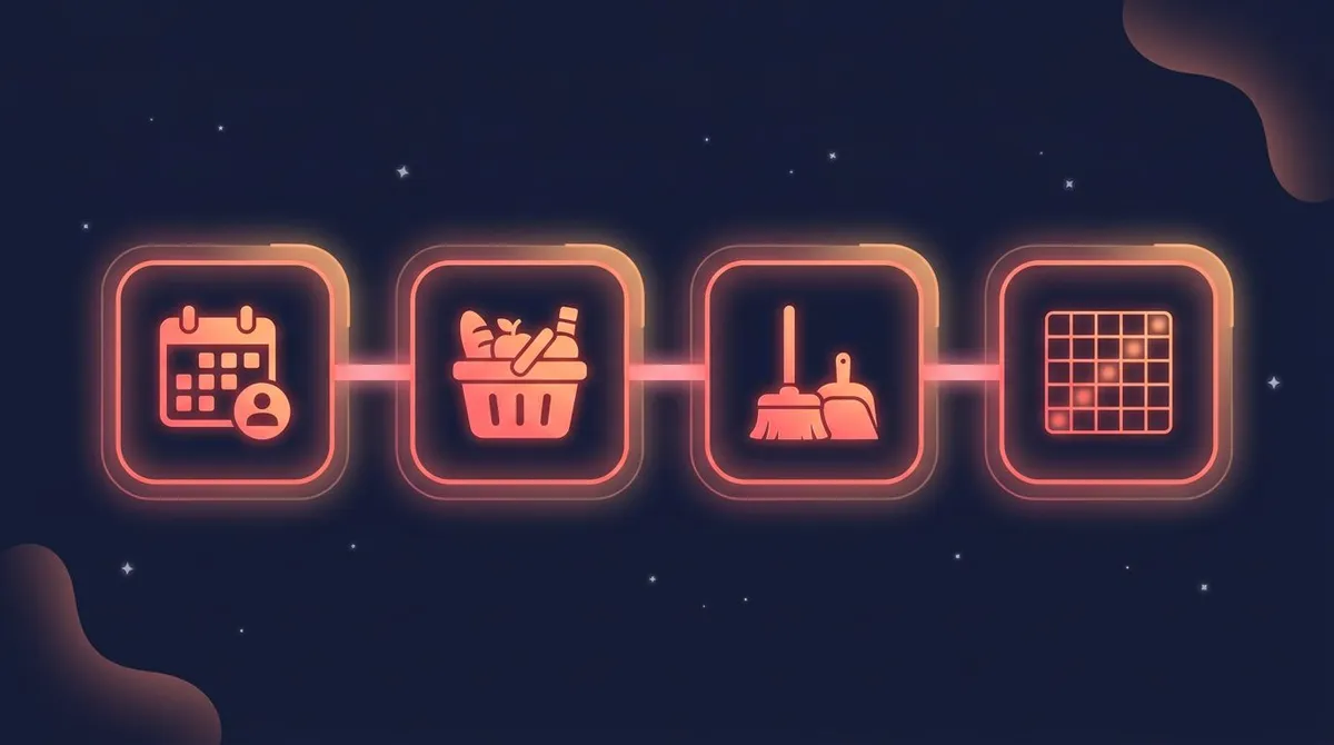 Four glowing app cards in a row for calendar, groceries, housework and habits, linked by a soft line