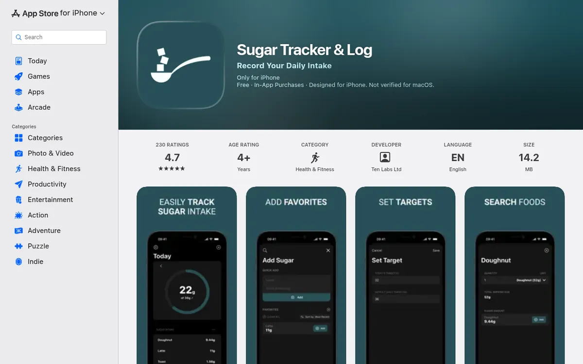 Sugar Tracker and Log on the App Store showing a 4.7 rating and screens for tracking daily sugar intake