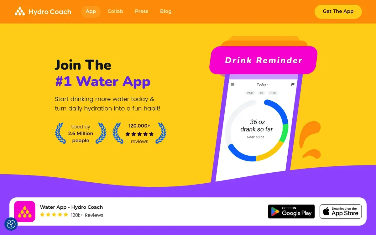 Hydro Coach website calling itself the number one water app, showing a drink reminder phone mockup and store badges