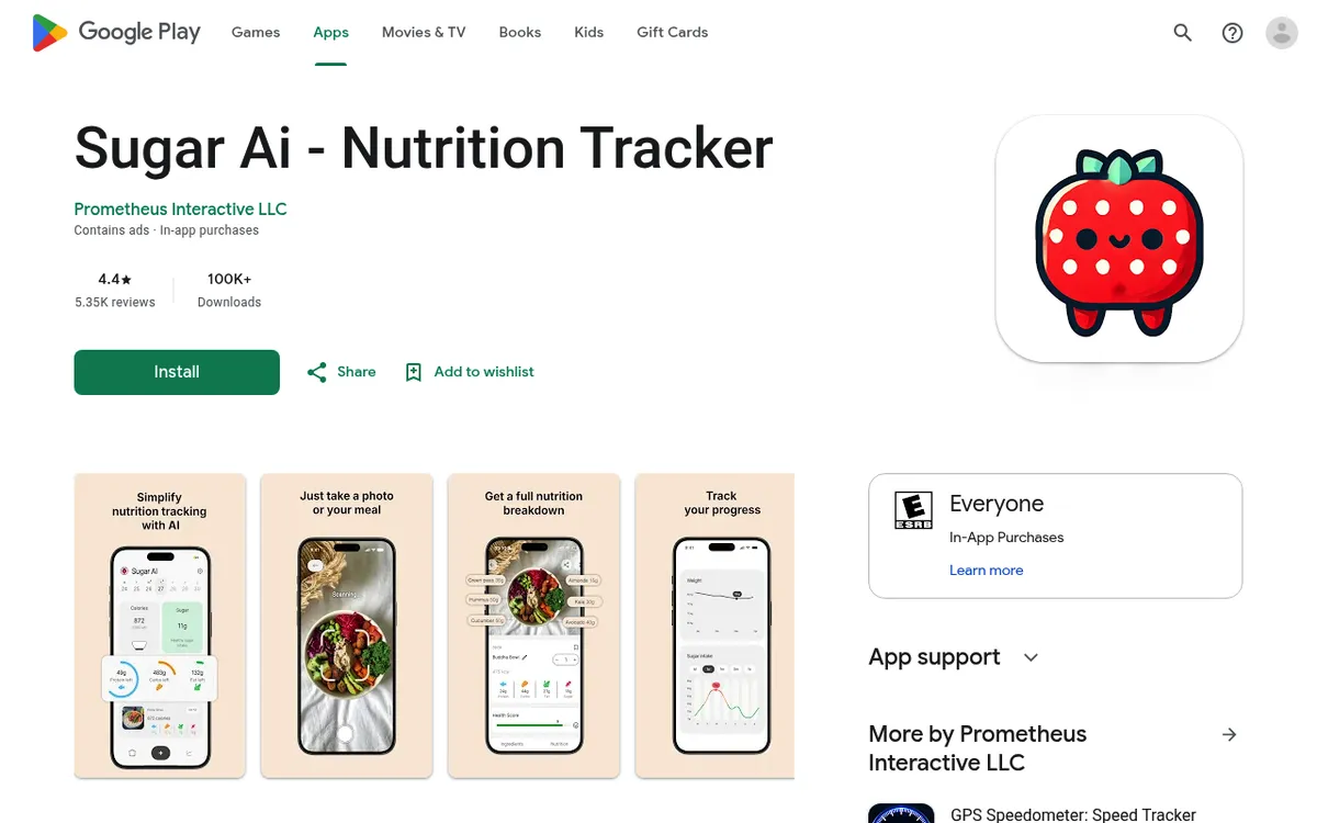Sugar Ai nutrition tracker on Google Play showing 4.4 stars and photo-based food scanning screens