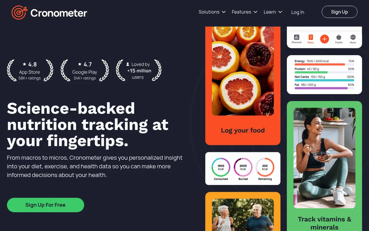 Cronometer nutrition tracker website showing its calorie and micronutrient tracking features