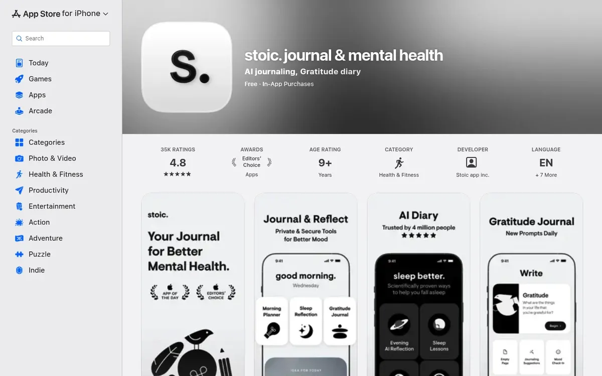 stoic journal and mental health app on the App Store with morning and evening reflections