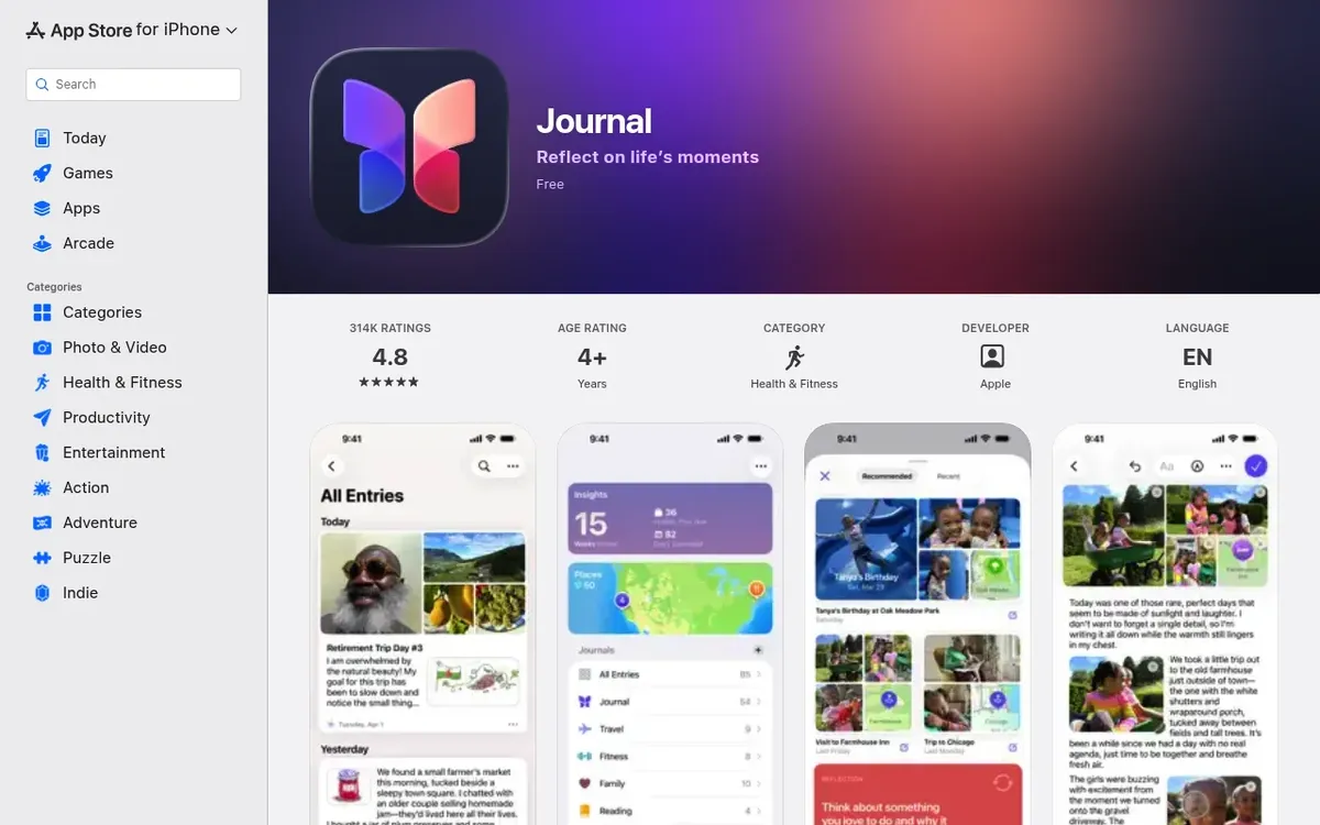 Apple Journal app page on the App Store showing entries, insights and journaling suggestions