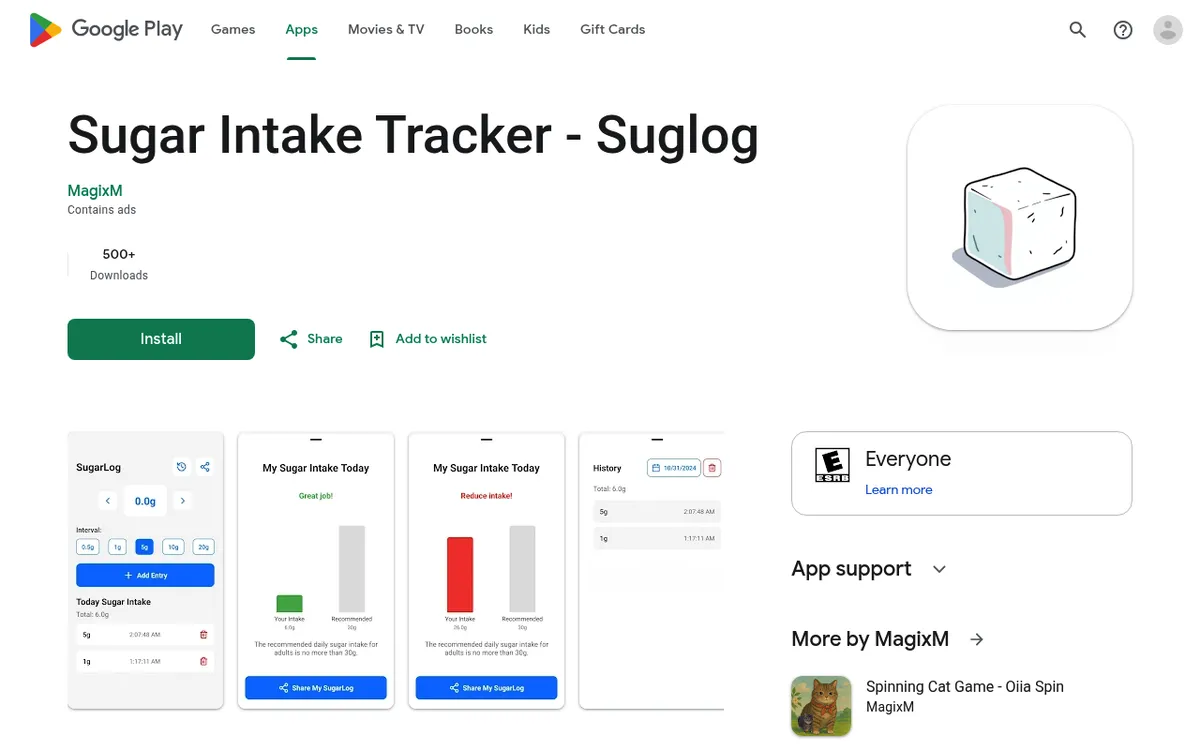 Sugar Intake Tracker Suglog on Google Play showing simple gram entry buttons and a daily intake chart