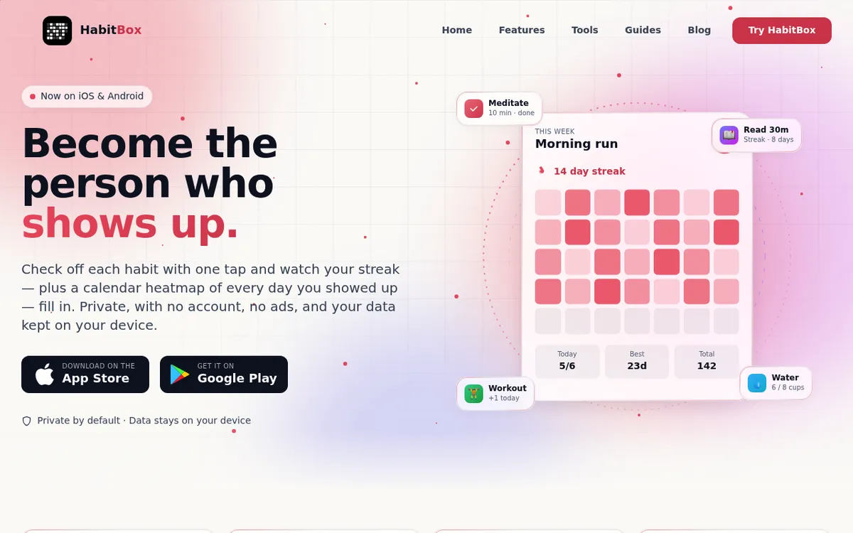 HabitBox habit tracker showing streaks and a calendar heatmap on iOS and Android