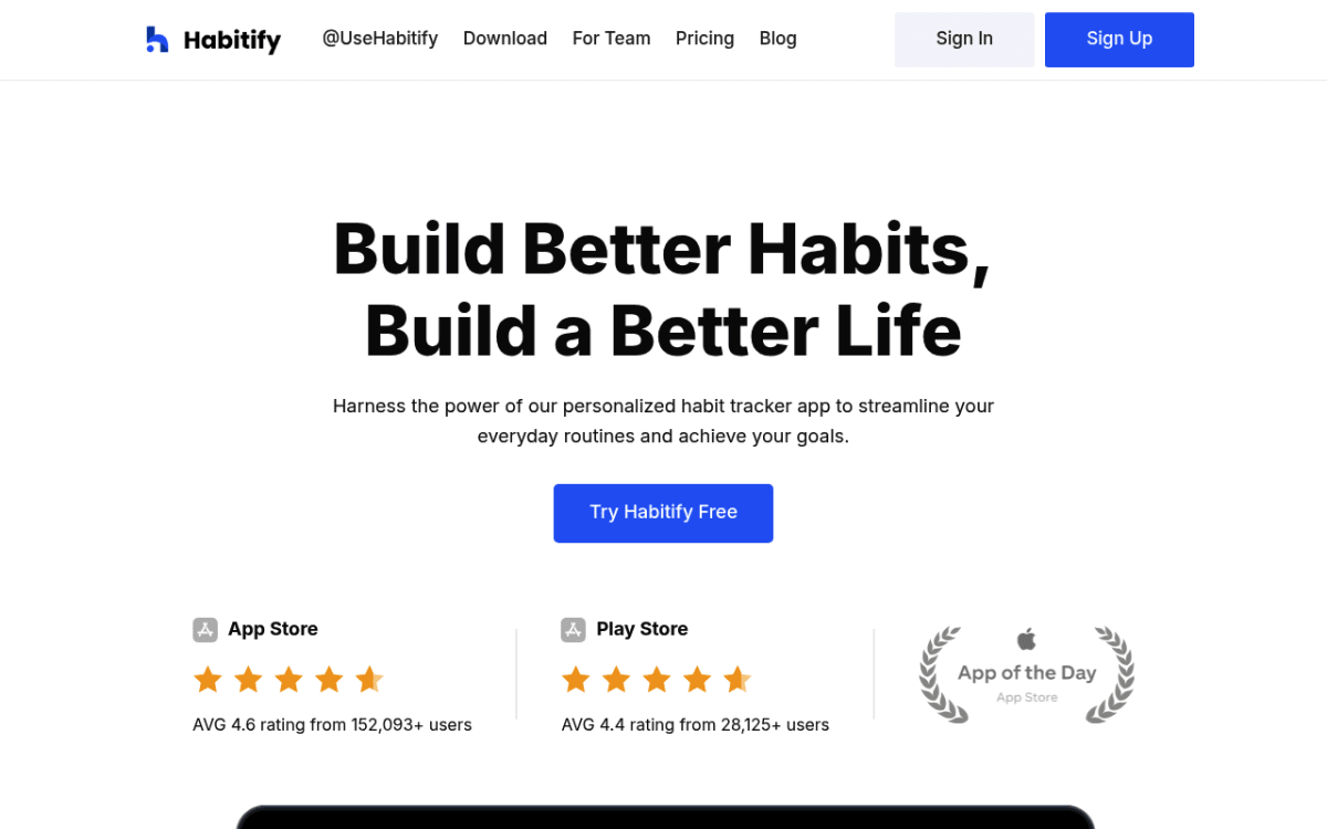 Habitify website homepage showing the cross-platform habit tracker app on iOS, Android, and web