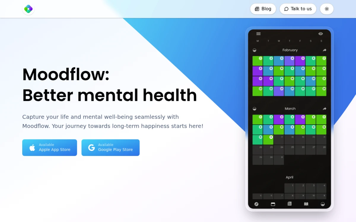 Moodflow app homepage showing clean mood slider interface with weekly review