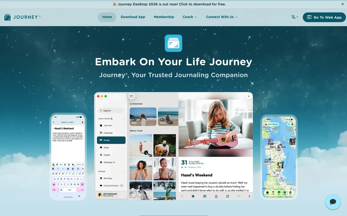 Journey journaling app homepage showing the diary synced across phone, tablet and desktop