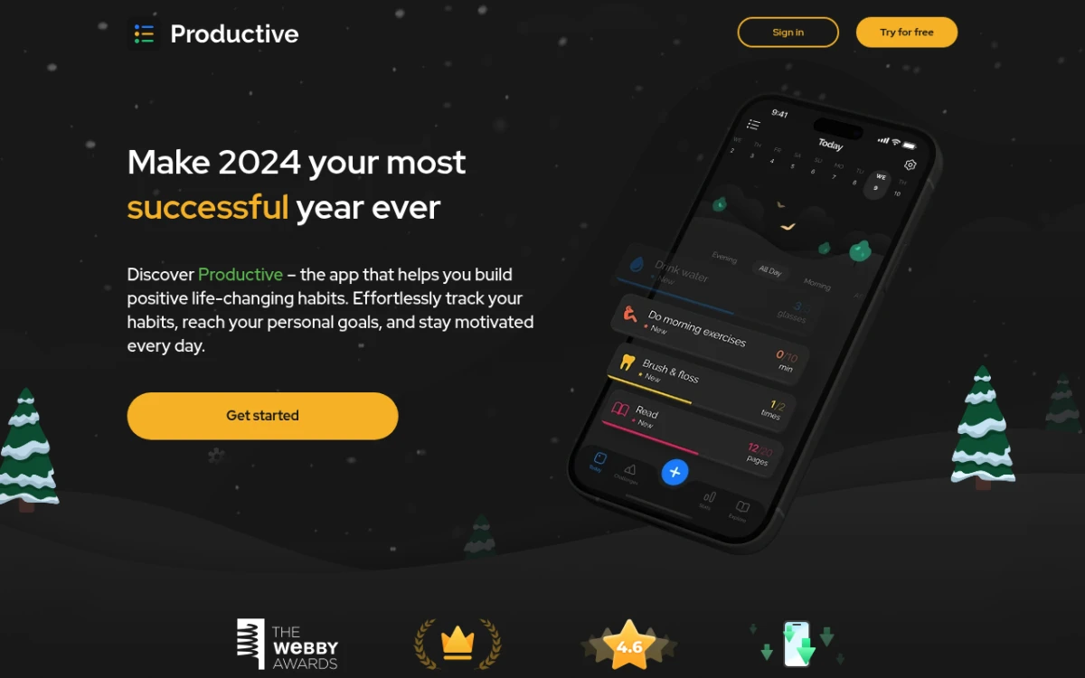 Productive app website homepage showing the routine builder with daily timeline structure