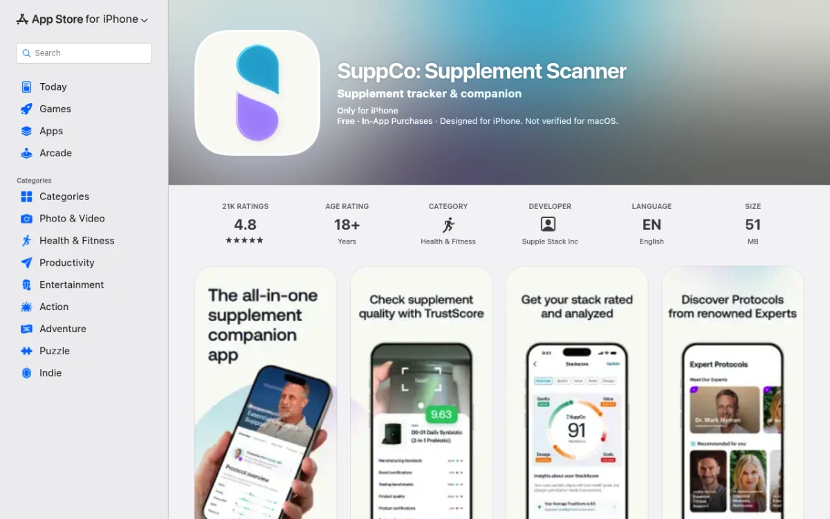 Suppco supplement scanner app listing on the iOS App Store showing screenshots and description
