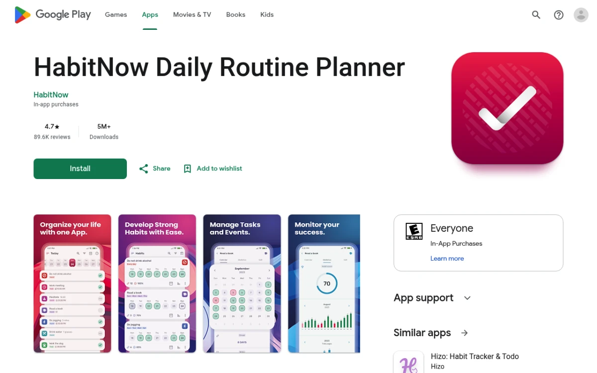 HabitNow Google Play Store listing showing the habit and task tracker app for Android