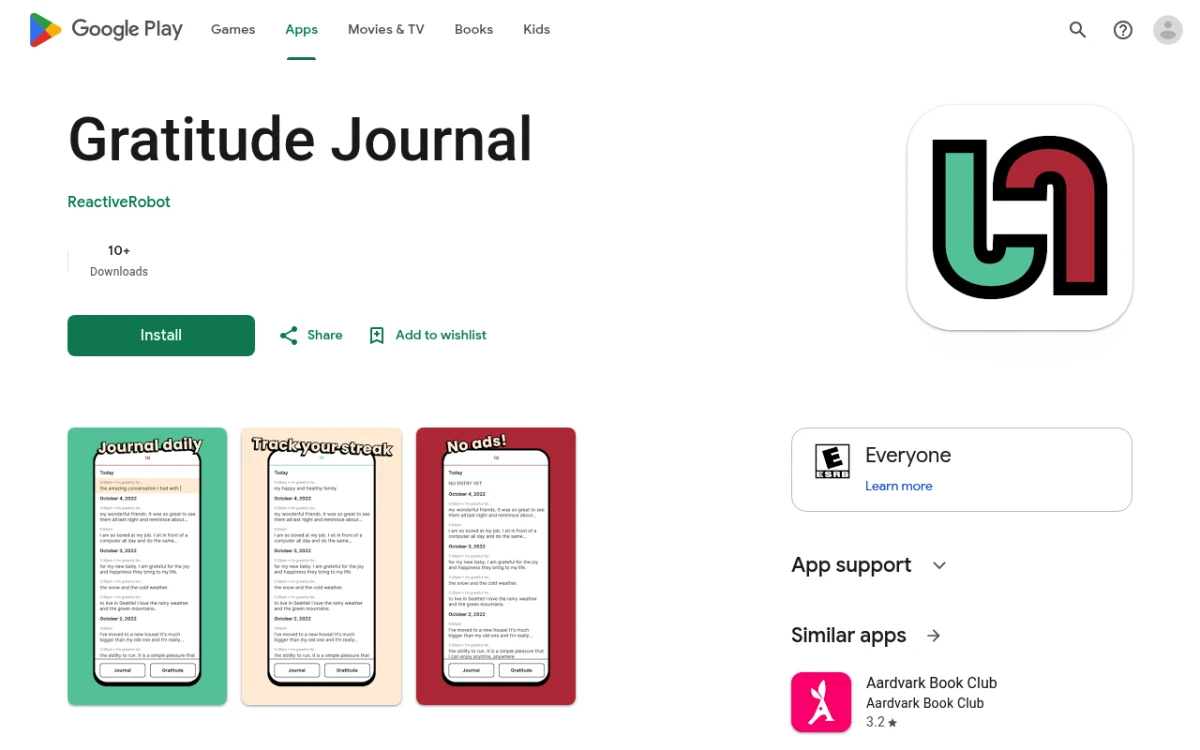 Presently open-source Android gratitude journal app on the Google Play Store listing