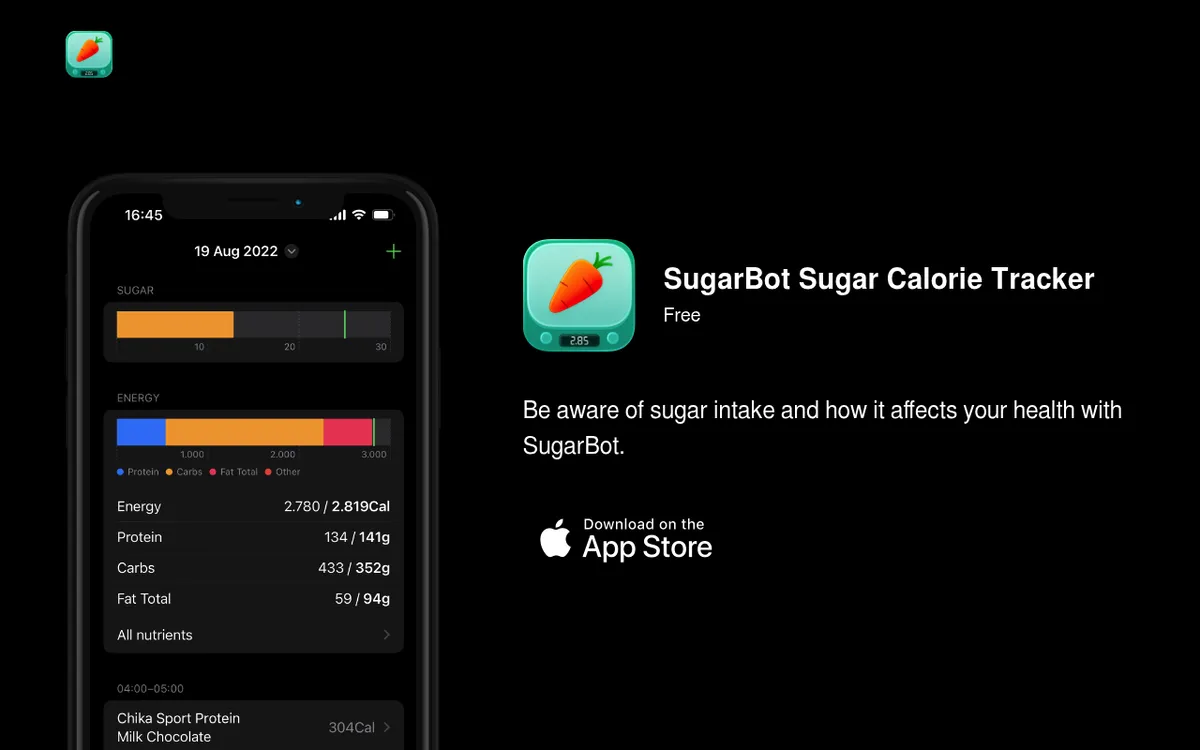 SugarBot app site showing a sugar intake bar, energy breakdown and logged foods on iPhone
