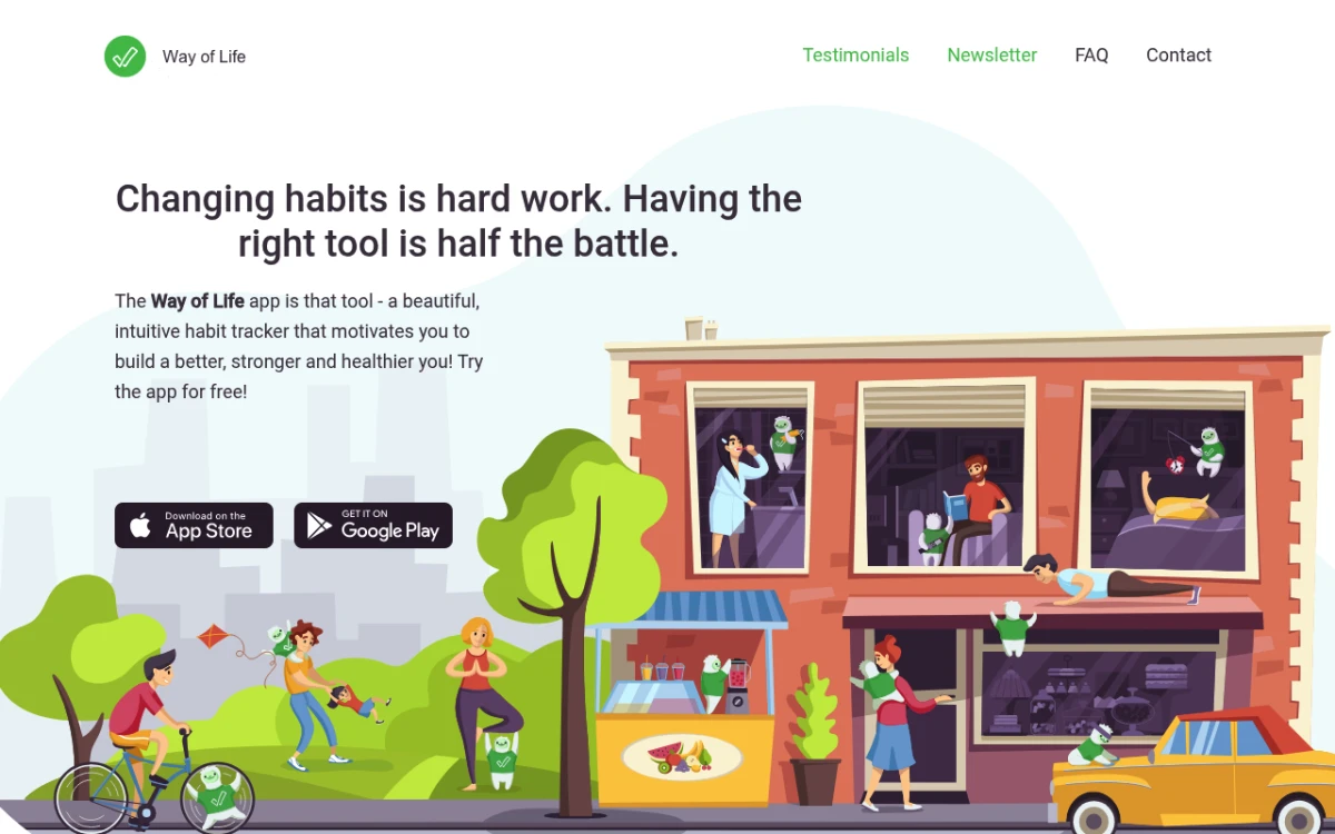 Way of Life app website homepage showing the journal-style yes/no/skip habit tracker
