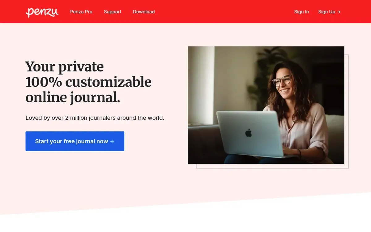 Penzu online journal homepage showing the private customizable web journal
