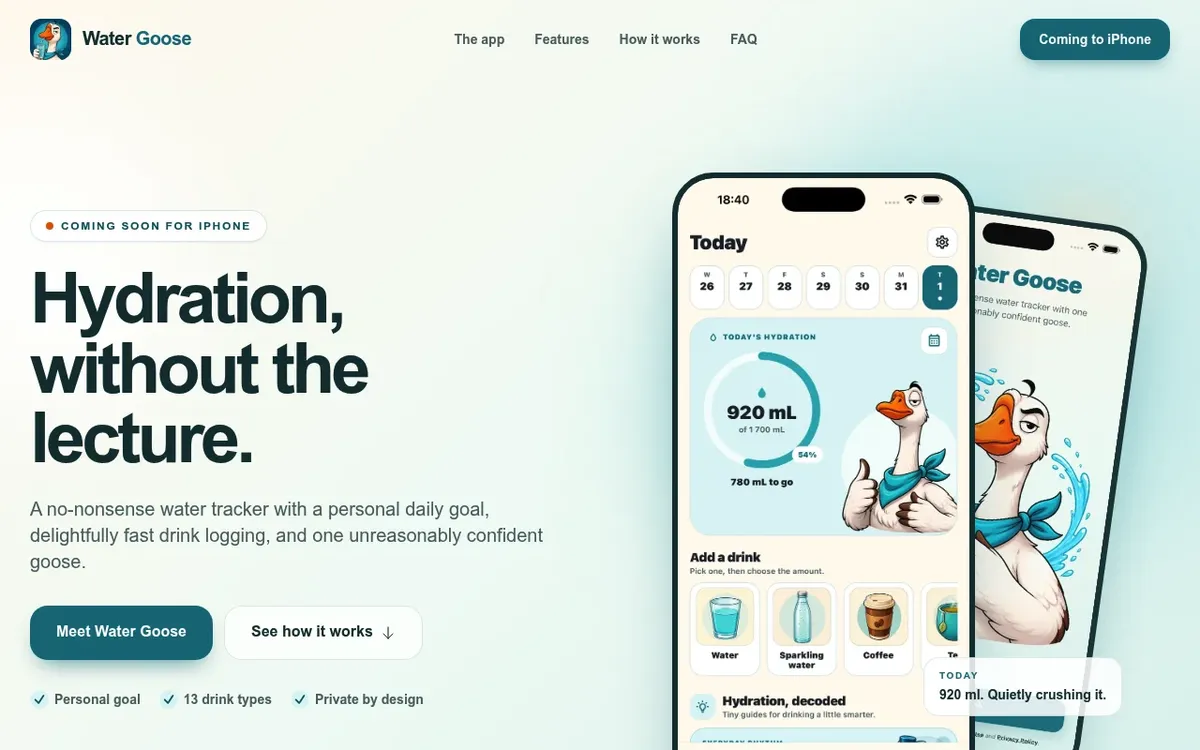 Water Goose website showing the hydration tracker on iPhone with a daily ring, drink types and the goose mascot