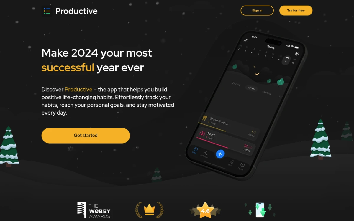 Productive app website homepage showing the cross-platform routine and habit tracker