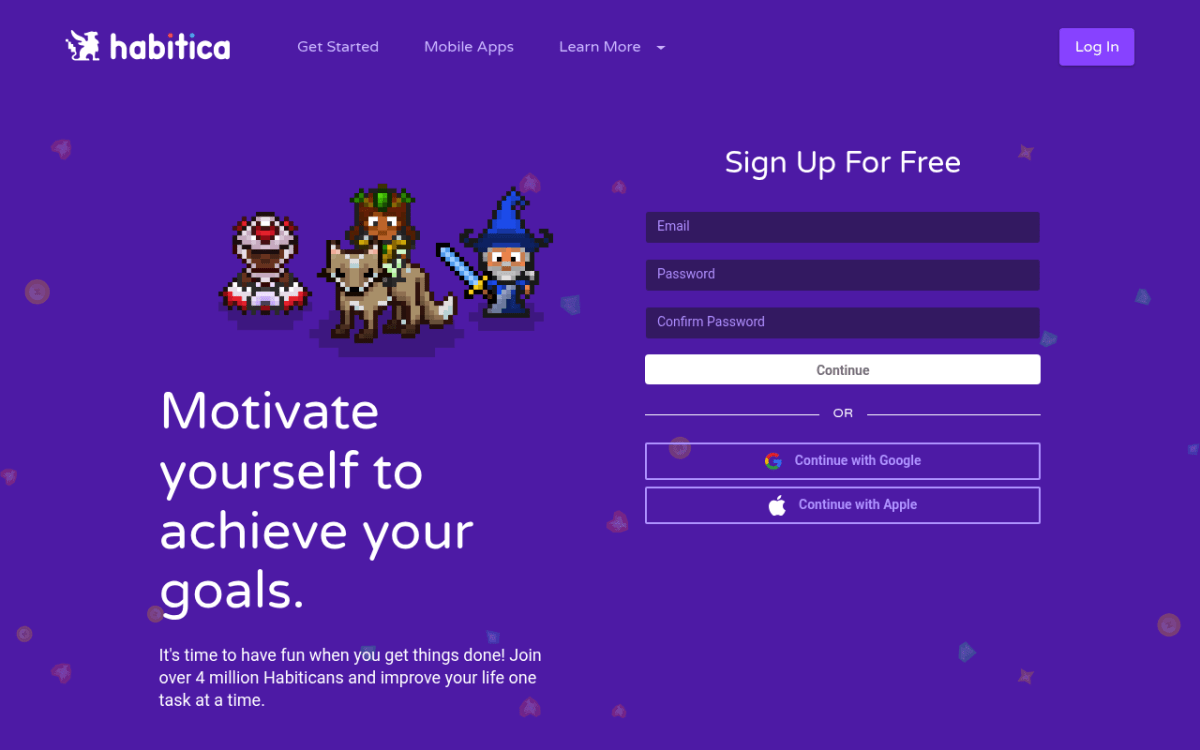 Habitica homepage showing the gamified RPG-style habit tracker with avatar and quest features