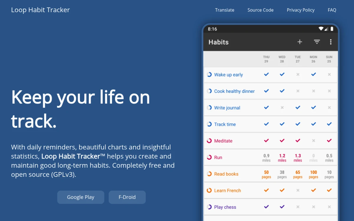 Loop Habit Tracker website homepage showing the free open-source Android habit tracker
