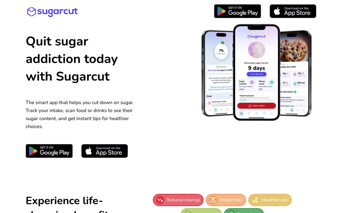 Sugarcut website showing its quit sugar app with a sugar-free day counter and food scanning
