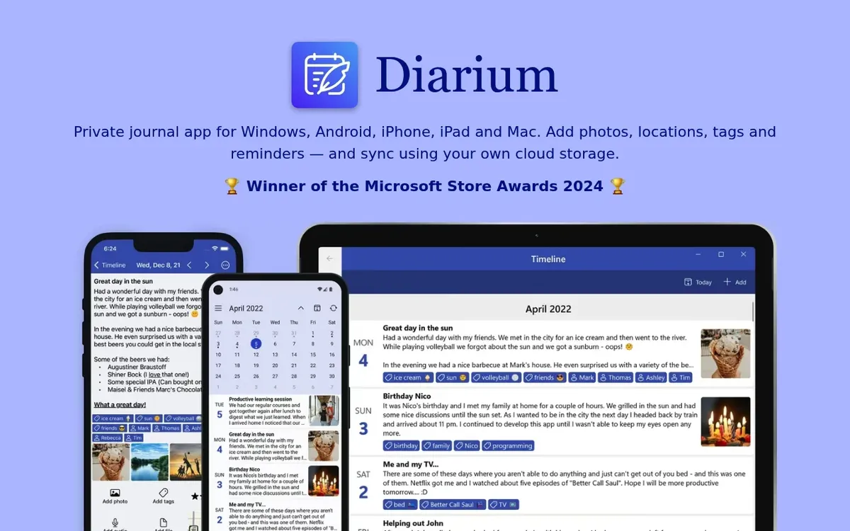 Diarium private journal app homepage showing the diary on Windows, phone and tablet