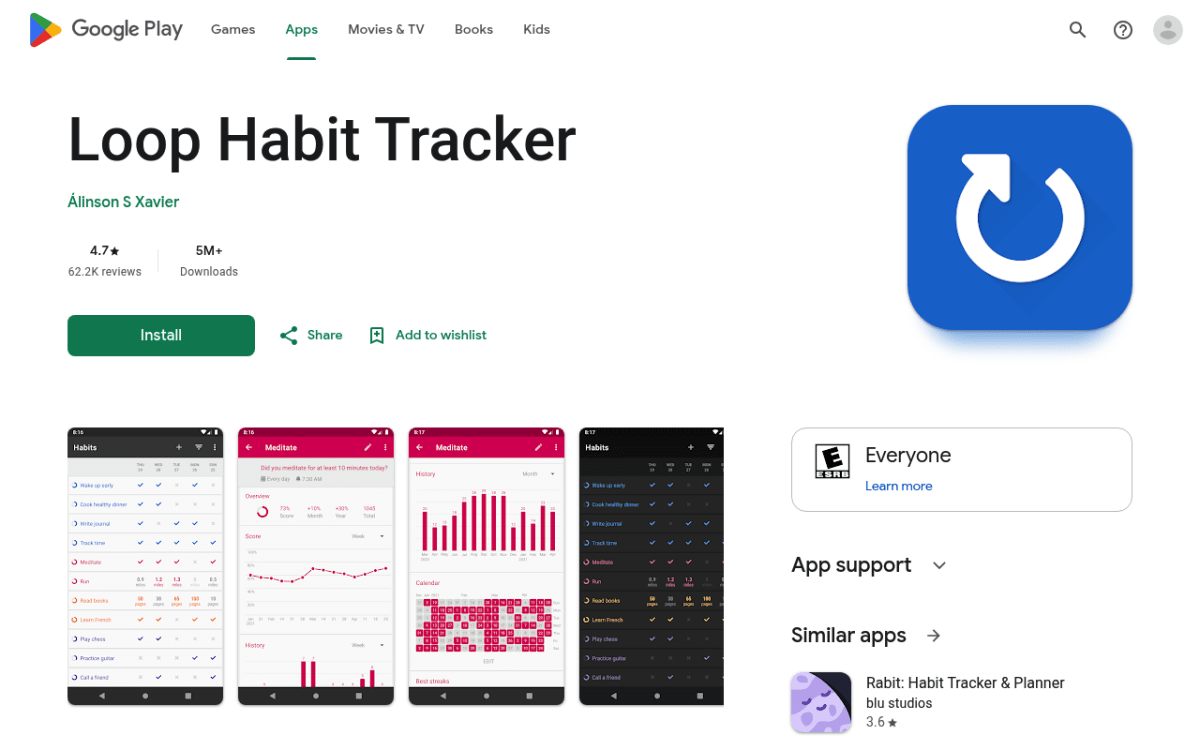 Loop Habit Tracker Google Play Store listing showing the open-source Android habit app