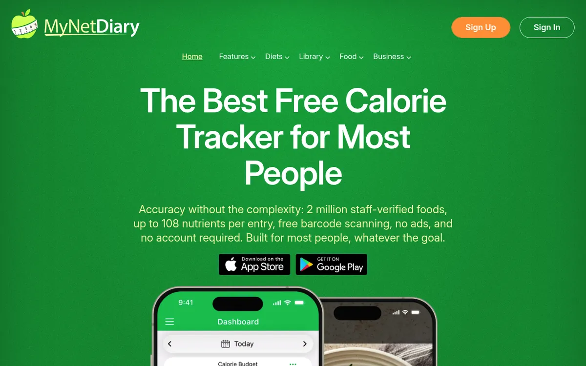 MyNetDiary calorie counter website showing meal logging and nutrition tracking on mobile