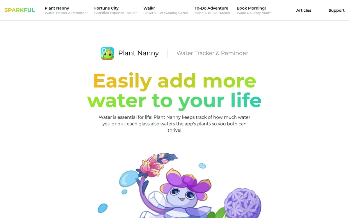 Plant Nanny page on the Sparkful site with its tagline and an illustrated plant character
