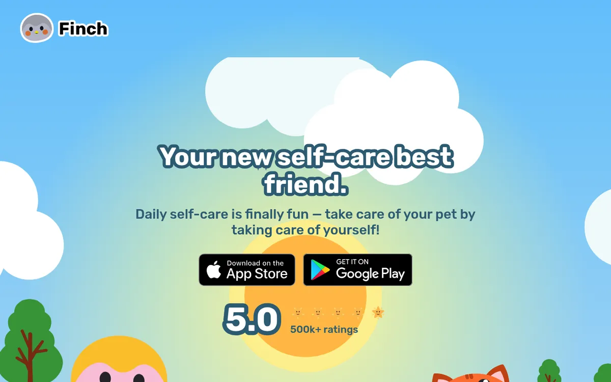 Finch website homepage showing the self-care pet app for iOS and Android