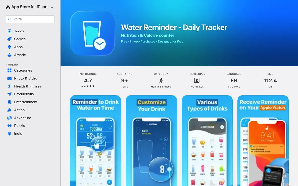 Water Reminder Daily Tracker App Store listing showing a 4.7 rating from 78K reviews and app screenshots