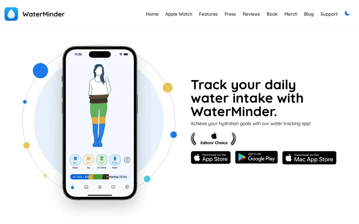 WaterMinder website showing the hydration tracker on iPhone with Apple Watch, Google Play and Mac App Store badges