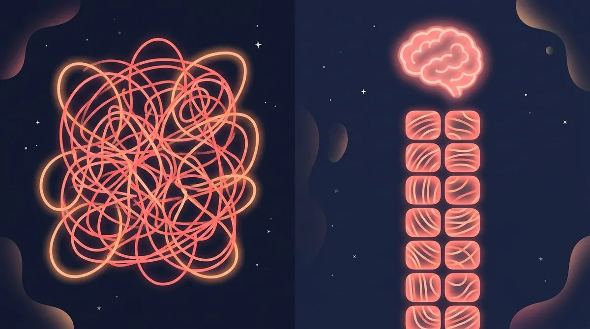 A tangle of scribbled lines on one side, the same lines untangled into neat stacked blocks on the other