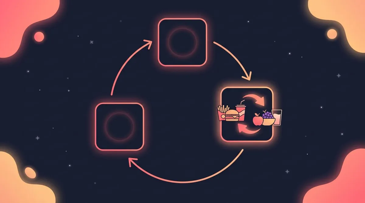 Circular habit-loop diagram showing cue, routine, and reward with a junk-food snack being swapped for a healthier option at the routine step