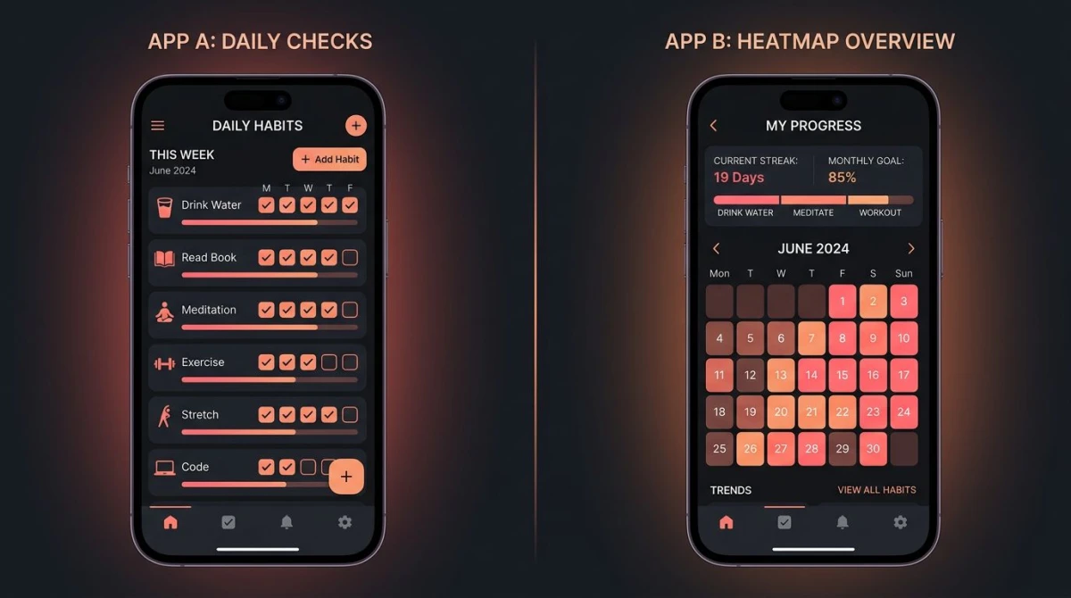 Side-by-side comparison of two habit tracker app interfaces showing different design philosophies