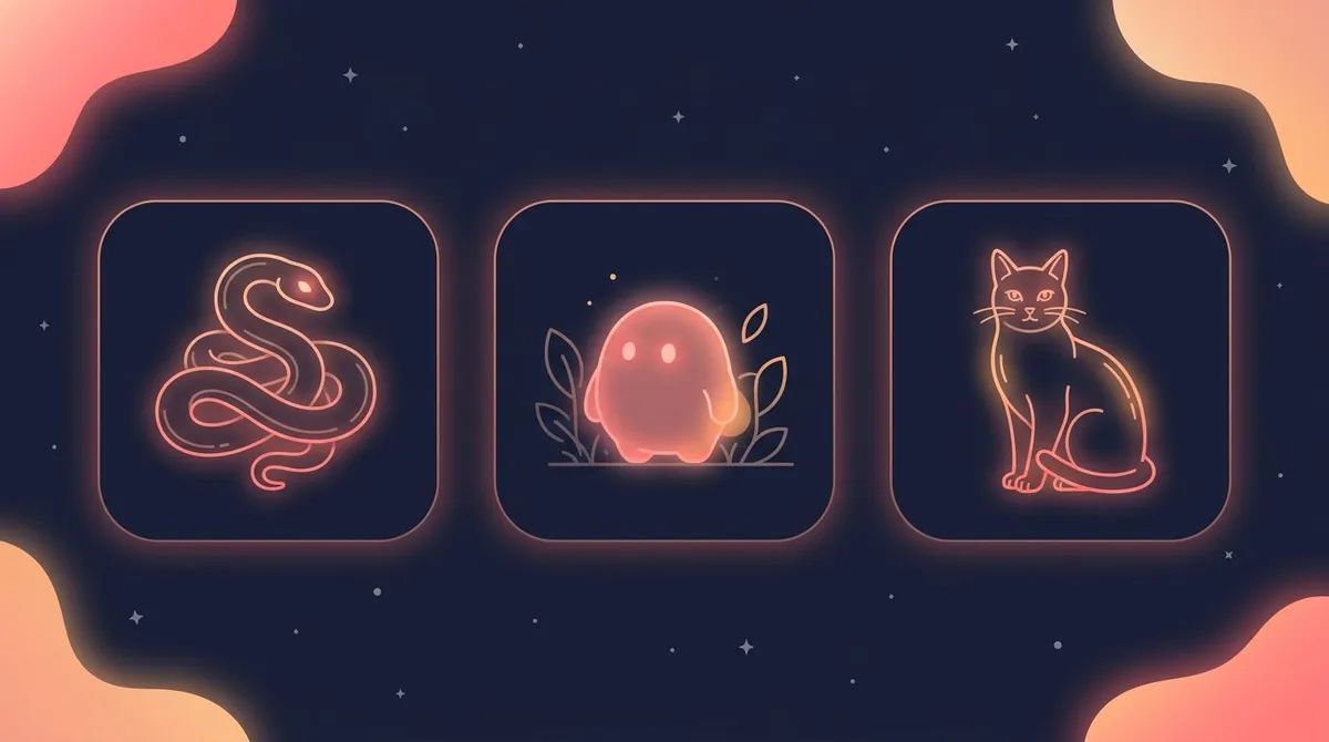 Three self-care pet app cards drawn in a calm minimal line style, alternatives to Finch for adults
