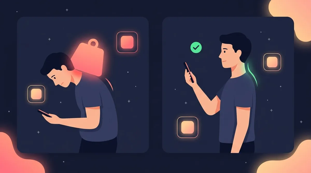 Comparison illustration showing a hunched phone posture with a heavy neck load beside an eye-level phone posture with a light, relaxed neck