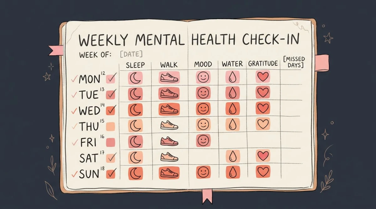 Mental health checklist on a paper journal page with seven days of icons and a few empty slots