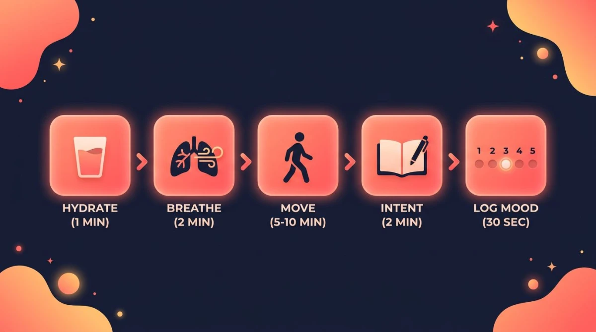 Self-care morning routine infographic: 5-step 20-minute habit stack — hydrate (1 min), breathe (2 min), move (5-10 min), set intent (2 min), log mood (30 sec) with anchor-cue arrows