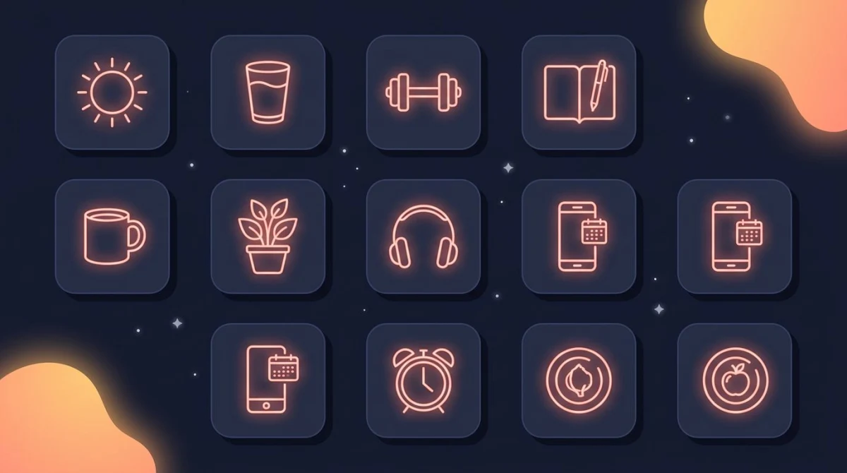 Glowing icon grid showing the 10 morning habits — sun, water glass, dumbbell, journal, coffee mug, plant, headphones, phone with habit calendar, alarm clock, plate with fruit — each in a rounded card with a coral halo on a dark navy background with star particles and amber gradient blob in the corner