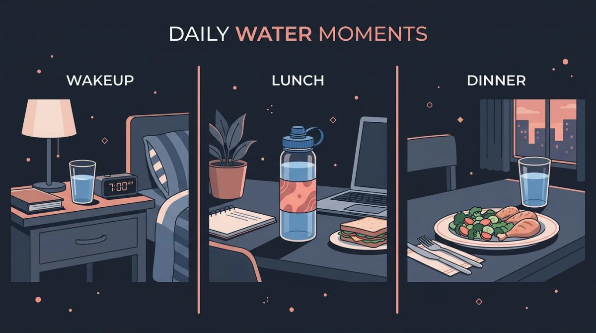 Three daily water anchors illustrated: wakeup, lunch, and dinner