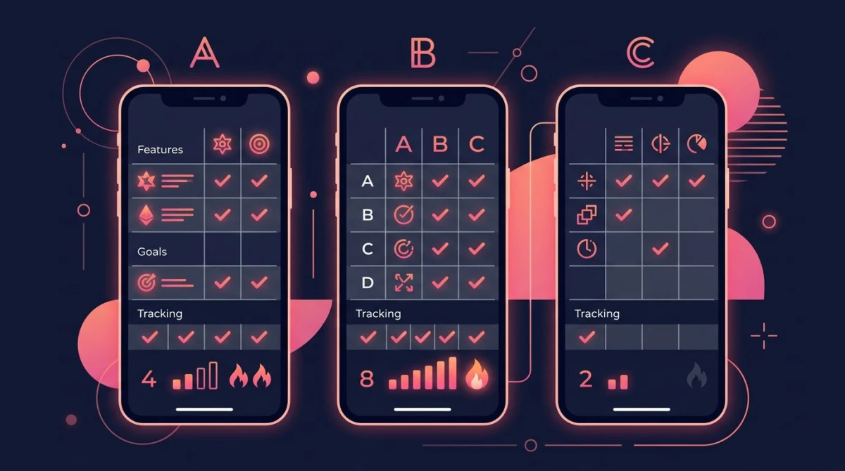 Side-by-side feature comparison of habit tracker apps with checkmarks and streak indicators