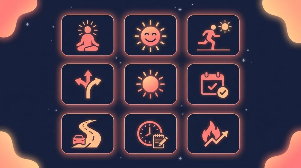 Infographic: a 3x3 grid of glowing cards for the nine benefits of waking up early — focus time, brighter mood, exercise window, fewer decisions, morning sunlight, consistent routine, planning time, calmer start, and a streak flame