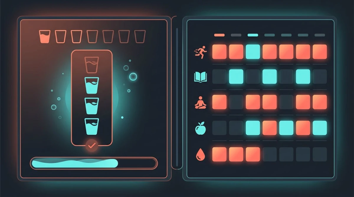 Comparison illustration of a dedicated water app and a general habit tracker calendar heatmap